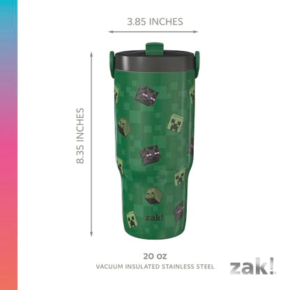 Zak Designs Minecraft Siply 20oz Leak-Proof Flip-Up Straw Insulated Tumbler | BPA Free, Stainless Steel, Handle, Cupholder Friendly, Dishwasher Safe, Kids Water Bottle, Reuseable For School, Home, Travel - color: Minecraft