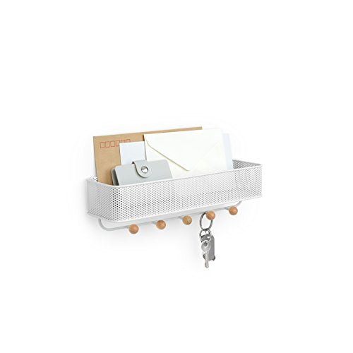 Umbra Estique Entryway Organizer, Wall Mount Key Holder, White/Natural | Steel construction, perforated mail bin, five wooden knob hooks, hidden mounting hardware, holds up to 5 lbs - size: Small