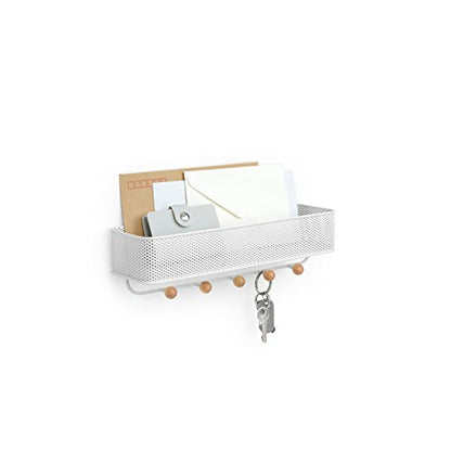 Umbra Estique Entryway Organizer, Wall Mount Key Holder, White/Natural | Steel construction, perforated mail bin, five wooden knob hooks, hidden mounting hardware, holds up to 5 lbs - size: Small