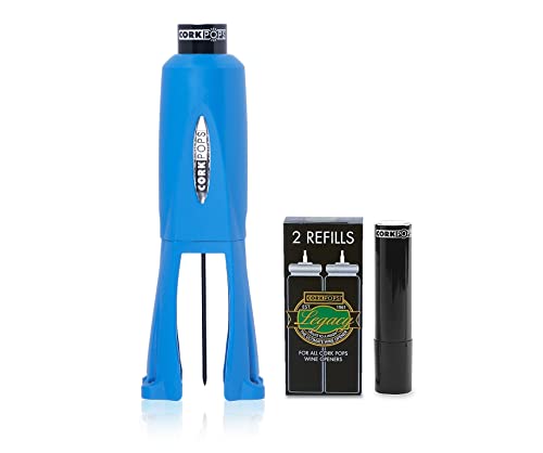 Cork Pops Legacy Wine Opener Built-in 4-Blade Foil Cutter Safe Cork Removal, Effortless Push Button Use, Needle Guard for Safety, Low-Pressure Cartridge Opens Up To 60 (Blue, With 3 Cartridges) - color: Blue, size: 3 Cartridges