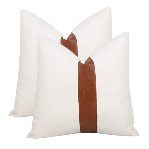 Farmhouse Decorative Throw Pillow Covers 24x24 inch Set of 2 Cream and Brown Faux Leather Pillow Covers Accent for Couch Sofa Bedroom Livingroom,Modern Boho Decor - color: White, size: 24" x 24" (Pack of 2)