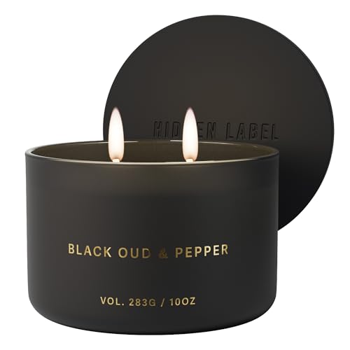 Hidden Label Black Oud Pepper Soy Candle, 10oz 2-Wick, 45H Bold Spice | Strong Masculine Aromatherapy | Non-Toxic Phthalate-Free | Even Melt No Tunneling | Luxe Reusable Glass Gift - color: Black oud