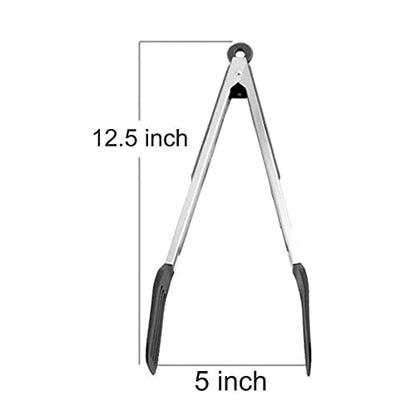 12 Inch Stainless Steel Silicone Cooking Tong (Black) | Kitchen Silicone Tong Heat Resistant Meat Turner Spatula Tongs Fish Tongs for Grilling Steak Salad Pasta Buffet Serving - color: Black, size: 12 inch