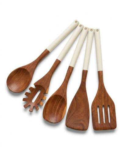 DI ORO Wooden Kitchen Utensil Set - 5-Piece Wooden Spoon & Spatula Set - Nonstick Cookware Safe Teak Wood Cooking Utensils - Heat-Resistant Kitchen Utensils Set with Silicone Handles (Cream) - color: Cream