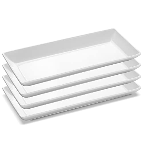 14” White Porcelain Serving Platters, Elegant Large Rectangular Plates Trays for Dinner Parties, Appetizers, Sushi, Desserts & More, Microwave & Dishwasher Safe, Set of 4 | Rectangular Ceramic Dinner Plates Trays, Stackable, Dishwasher/Microwave/Freezer S