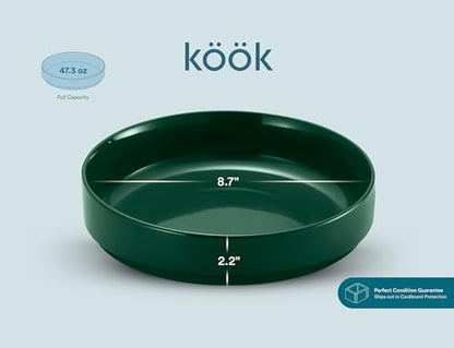 KooK Ceramic Large Pasta Bowls, Microwave and Dishwasher Safe, Great for Soups and Salads, Shallow Serving Bowls, Glossy Porcelain, 47 oz, Set of 4, Hunter Green - color: Hunter Green