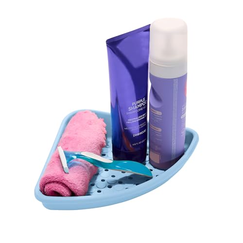 madesmart Bathtub Corner Shelf, Blue | suction cup base, drainage holes, raised edges, shampoo soap razors, bath accessories, woman owned - color: Blue