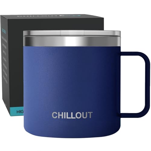 CHILLOUT LIFE Stainless Steel 16 oz Vacuum Insulated Coffee Mug with Handle and Lid, Large Thermal Camping Coffee Mug Cup with Durable Sliding Top for Men & Women - Keeps Beverages Hot/Cold - color: Navy Blue, size: 16 Ounces