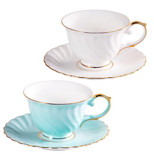 KAMMAK Tea Cups and Saucers Set of 2, Fine Bone China Coffee Cups, GH023 | Stackable Espresso Mugs, Ceramic Demitasse for Coffee, Cappuccino, Latte, Americano, Tea - size: 8KPGH023+24