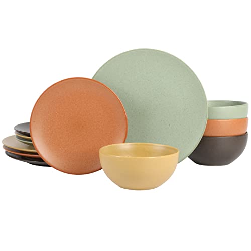 Gibson Elite Capetown Assorted Color Reactive Glaze Round Stoneware Dinnerware, Black, Yellow, Orange, Green, Service for Four (12pcs) - color: Black/Yellow/Orange/Green (Capetown), size: Service for 4 (12pcs)