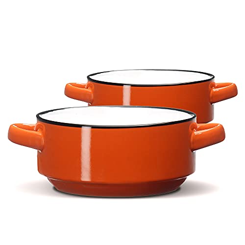 ECODECO Ceramic Soup Bowls with Handles – Set of 2 (16 oz) – Orange | Oven & Microwave Safe – Gift Boxed – Ideal for French Onion Soup, Baked Meals & Housewarming Gifts - color: Orange