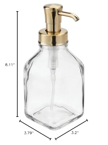 mDesign Square Glass Refillable Liquid Soap Dispenser Pump Bottle for Bathroom Vanity Countertop, Kitchen Sink - Holds Hand Soap, Dish Soap, Hand Sanitizer, Essential Oils - 2 Pack - Clear/Soft Brass - color: Clear/Soft Brass