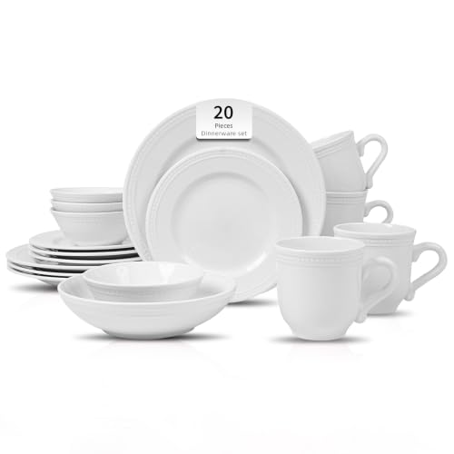 HomeVSS 20-Piece Pearl Dots Stoneware Dinnerware Set, White, Service for 4 | plates and bowls sets，dinnerware sets for 4,Pearl Dots Dinnerware，Microwave and Dishwasher Safe - color: White, size: 20pc Set