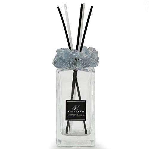 KALIFANO Luxury Glass and Celestite Crystal Diffuser with Decorative Selenite Reeds - Premium Fragrance/Aroma Diffuser Bottle with Healing Effects (Essential Oils Not Included) - color: Celestite