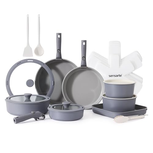 SENSARTE 24 Piece Ceramic Detachable Handle Pots and Pans Set Gray | Ceramic Cookware Set, Induction Cookware Set with Removable Handle, Healthy Non Stick for RV, Dishwasher ＆ Oven Safe - color: Gray, size: 24 Piece