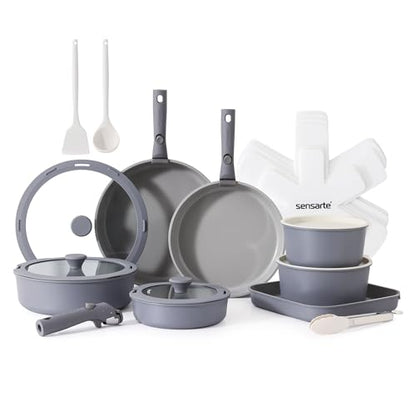 SENSARTE 24 Piece Ceramic Detachable Handle Pots and Pans Set Gray | Ceramic Cookware Set, Induction Cookware Set with Removable Handle, Healthy Non Stick for RV, Dishwasher ＆ Oven Safe - color: Gray, size: 24 Piece