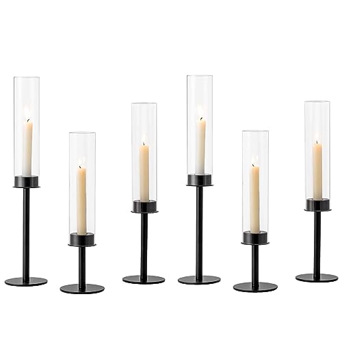 Hewory Black Candlestick Holders: 6PCS Glass Hurricane with Metal Base | Elegant Tall Taper Candle Holders at 3 different heights, Table Centerpiece for Halloween, Party, Gothic Christmas Decor - color: Black, size: 6pcs