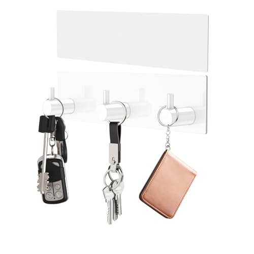 VIS'V Key Holder Wall Mount, Small Adhesive Key Hanger with 3 Hooks, White | Metal Material, No Drilling, Extra Adhesive Strip, Suitable for Entryway, Hallway, Doorway, Kitchen, Garage, Camper - color: White