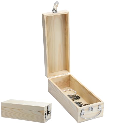 Colingmill Wooden Lockable Storage Box 12''x4.75''x4'' Unfinished Wood Box for Craft Wooden Keepsake Container with Lid Metal Handle for DIY Art Crafts Cash Jewelry Tools Memory Treasure Gifts Weapons