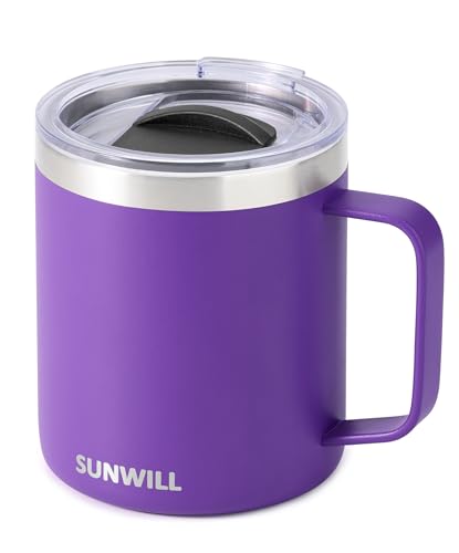 SUNWILL Insulated Coffee Mug with Lid, Travel Tumbler with Handle, 14 oz Stainless Steel Cup for Camping, Office, Home, Powder Coated Purple - color: Powder Coated Purple