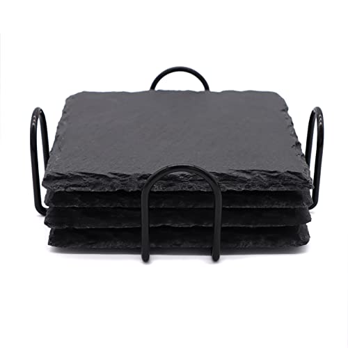 4 Pack 4 Inch Square Black Slate Coasters Set with Storage Holder | Natural Stone Coasters, Coasters set of 4, Laser Engraving Blank, Anti-scratch Bottom, DIY Craft, Bar Home Dinner Table Decor - size: 4 Square Coasters