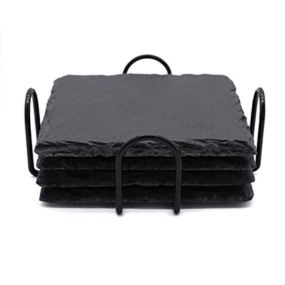 4 Pack 4 Inch Square Black Slate Coasters Set with Storage Holder | Natural Stone Coasters, Coasters set of 4, Laser Engraving Blank, Anti-scratch Bottom, DIY Craft, Bar Home Dinner Table Decor - size: 4 Square Coasters