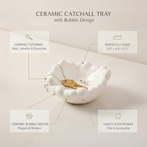 Ceramic Catchall Tray with Bubble Design, Compact Storage Bin for Keys and Jewelry on Vanity or Entryway (1 PC) - color: White