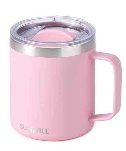SUNWILL Insulated Coffee Mug with Lid, Travel Tumbler Reusable, 14 oz Stainless Steel Cup for Camping, Office, Home, Powder Coated Sakura - color: Powder Coated Sakura
