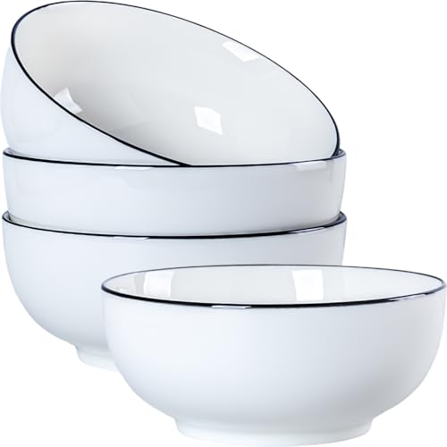 40 oz Large Soup, Ramen, Pho, Noodle, and Salad Bowl Set of 4, Rimmed 7 in White Ceramic Bowls, Versatile & Microwave Safe - size: Rimmed 7-inch, 40 Ounce