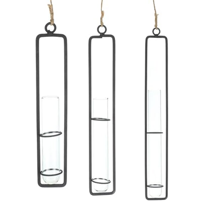 PATIKIL Plant Propagation Wall Hanging Terrarium with Metal Holder, 3 Sets Small/Medium/Large Glass Planter Tube Vase for Hydroponic Flower Office Bathroom Bedroom Decor, Black