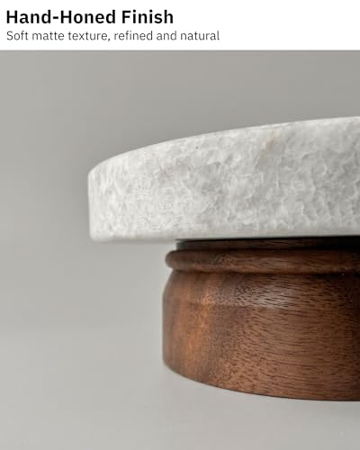 astavohome White Marble & Walnut Round Pedestal Display Riser, 4.7 x 2 in | White marble top with North American walnut wood base for candles, jewelry, keys, vanity accessories, or decor.