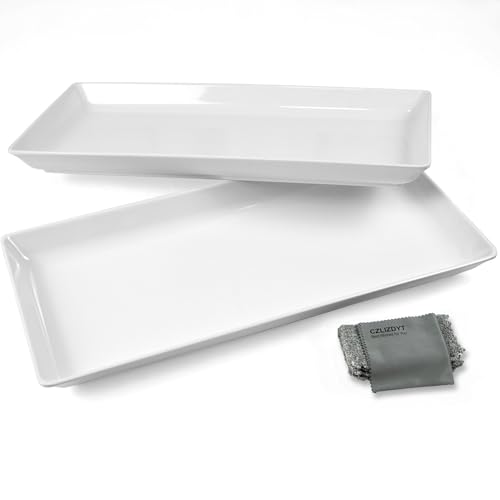 Czlizdyt Long Melamine Serving Platter, 17.3x8x1.5 inch, White | Rectangle Serving Trays for Party, Long Serving Platters Plates for Appetizer, Charcuterie, Bread, Fruit, Dessert, Set of 2