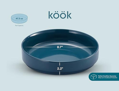 KooK Pasta Bowl, Bowl Plate, Low Bowl, Plate Bowls, Ceramic Large Shallow Bowls, Microwave and Dishwasher Safe, Great for Soups and Salads, Glossy Porcelain, 47 oz, Set of 4, Teal - color: Teal