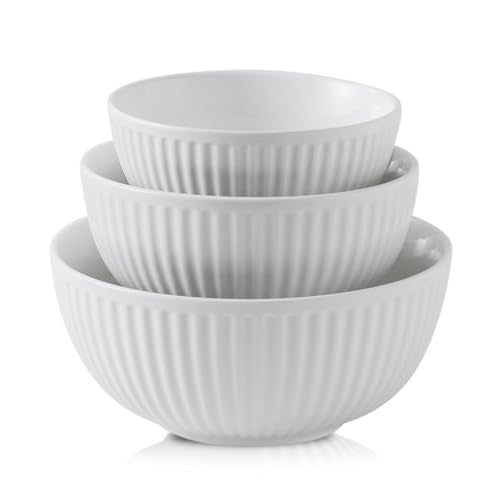 HASENSE White Ribbed Ceramic Serving Bowls Set of 3 | Stackable Nesting Salad Bowls, Large Prep Mixing Bowls for Pasta Fruit Baking Kitchen Counter Storage - color: White, size: 24+42+65 Oz