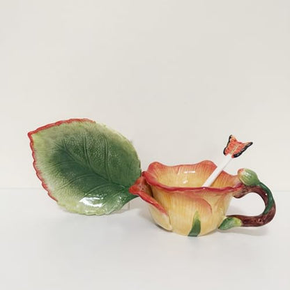 Ceramic Tea Cup and Saucer Set ，6OZ 3D Hand-Painted Flower and Lotus Leaf Coffee Mug，Gift for Women- Yellow Rose - color: Yellow Rose