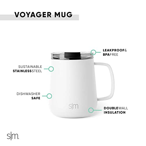 Simple Modern Travel Coffee Mug with Lid and Handle | Reusable Insulated Stainless Steel Coffee Tumbler Tea Cup | Gifts for Women Men Him Her | Voyager Collection | 12oz | Winter White - color: -Winter White