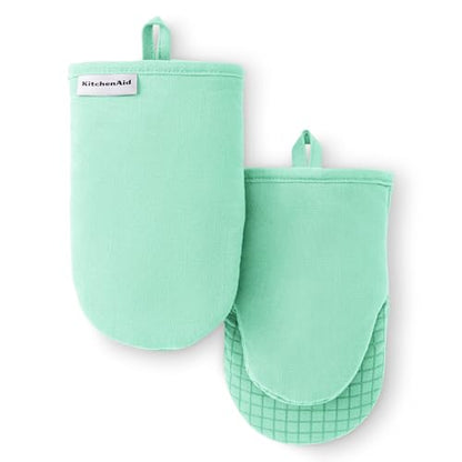 KITCHENAID Gourmet Series Gridlines Mini Oven Mitts 2-Pack Set, Heat Resistant up to 600°F, Soft Silicone Grip, Magnetic Cuff, Color of The Year, Spearmint, 5.5"x9" - color: Spearmint