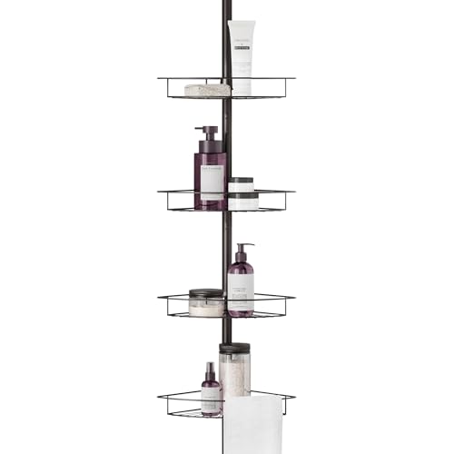 Zenna Home Tension Pole Shower Caddy Corner Organizer, Adjustable Standing Shower Caddy with 4 Baskets and Towel Bar, Rust Resistant Bathroom Tension Rod Organizer, 60 to 97 Inch, Bronze - color: Bronze