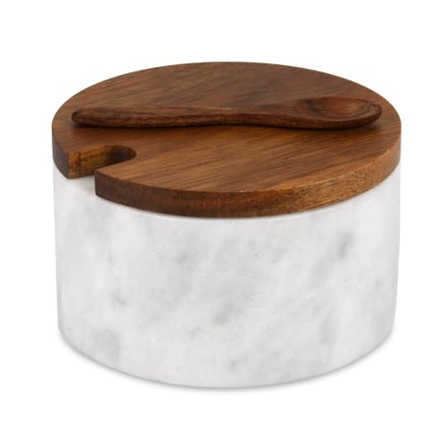 Marble Salt Cellar Box with Wood Lid & Spoon, Light Grey Bowl | Modern White Stone, Pepper Sugar Spice Seasoning Container, Jar Holder Well Keeper Dish Pig Crock, For Kitchen