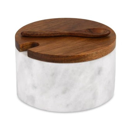 Marble Salt Cellar Box with Wood Lid & Spoon, Light Grey Bowl | Modern White Stone, Pepper Sugar Spice Seasoning Container, Jar Holder Well Keeper Dish Pig Crock, For Kitchen