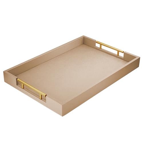 ATZYmolin 17"x12" Leather Serving Tray, Gold Handle Vanity Platter, Khaki | Rectangle Ottoman Decor Tray, Polished Metal Handles, Coffee Table Bathroom Home Decorative Wood Tray - color: Patinated Gold, size: 17" x 12" x 1.8"