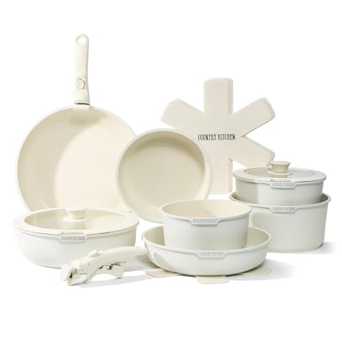 Country Kitchen Cookware Set with Removable Handle, Oven & RV Safe Pots and Pans Set, Cream, Deluxe Larger Set - color: Cream, size: Larger