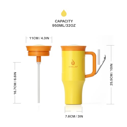 Ideus 32 oz Tumbler with Handle and Straw, 100% Leak Proof Dual Wall Vacuum Insulated Stainless Steel Travel Mug, Cup Holder Friendly, Yellow - color: Yellow