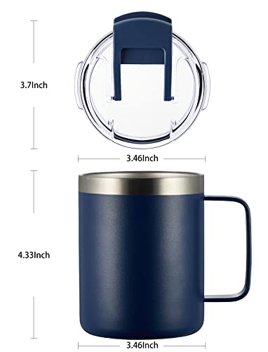 12oz Insulated Travel Coffee Mug with Handle, Navy | Stainless Steel Coffee Tumbler with Lid, Double Wall Vacuum Thermal Cup for Camping - color: Fliping Lid: Navy, size: 1 Count (Pack of 1)
