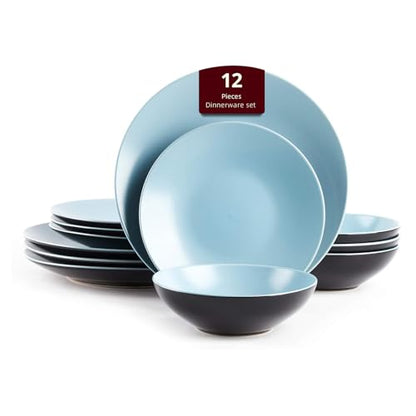 HomeVss Stoneware Two-Tone Colors Life 12pc Dinner Set, Outside Shiny Black + Inside Matte Glaze Turquoise - color: Turquise, size: 12pc Set