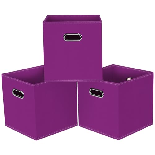 Black Foldable Storage Cubes Bins, Fabric Storage Box Cubes Organizer Baskets with Dual Handles for Home Organizer,Set of 3,(Purple) - color: Purple, size: 3 Pack