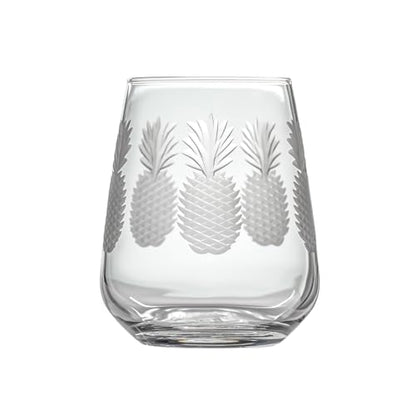 Rolf Glass Fresh Pineapple Stemless Wine Glass | 15.75oz Stemless Tumblers | Lead-Free and Diamond-Wheel Engraved | Tropical Coastal Etched Glassware with Pineapple Design | Set of 4 - color: Stemless, size: Set of 4