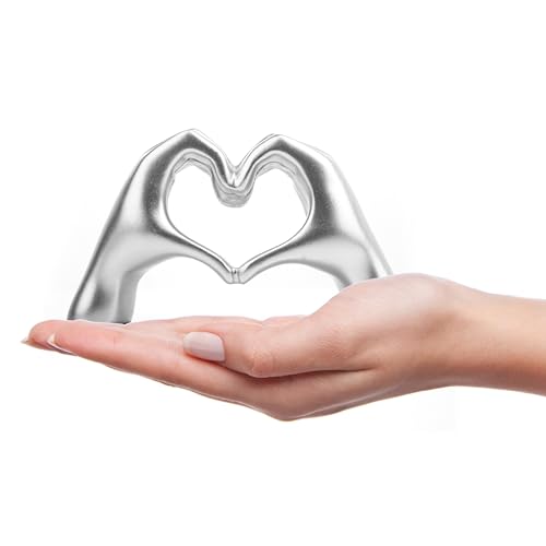 Small Heart Hands Sculpture Decor for Living Room Bedroom Bookshelf Coffe Table and Office Display, Love Finger Statue Modern Aesthetic Home Decor, Unique Gift for Wedding Christmas Birthday (Silver) - color: Silver