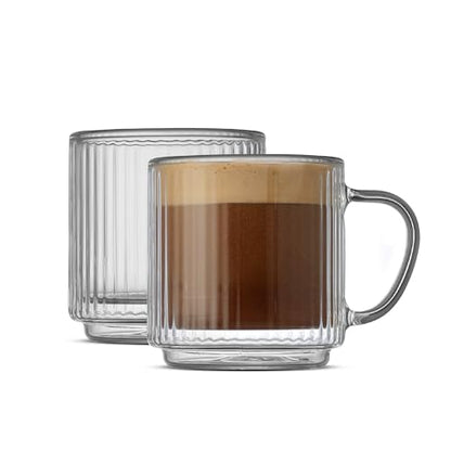 JoyJolt Haven Stackable Fluted Glass Mugs Set of 2, 5.5oz Ribbed Double Wall Glass Coffee Mugs, Stacking Insulated Coffee Cup Set also for Espresso Shot Tea Latte Macchiato Cappuccino - style: Espresso Cups