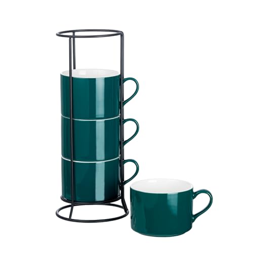 10oz Porcelain Stackable Coffee Mugs and Metal Stand Set of 4, Espresso Cups Set for Hot Drinks, Cappuccino, Tea-Green - color: Green